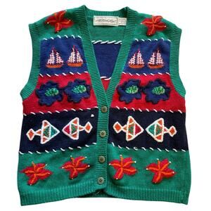 VTG All Week Long Green Tropical Fish Button Up Grandpa Grandma Knit Vest Medium